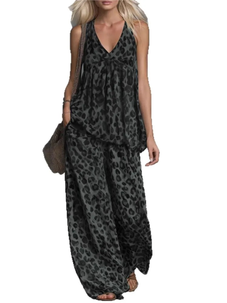 Fashion Two-piece Set - Loose Leopard Print Sleeveless Top Chiffon Long Pants For Women Summer Casual Woman 2 Piece Set Outfit