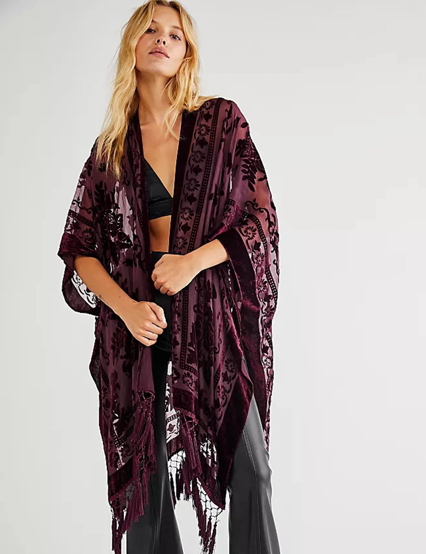 WeHello Women's Burnout Velvet Kimono Long Cardigan Cover Up with Tassel Burgundy Casual Cardigan Shawl Oversize Top