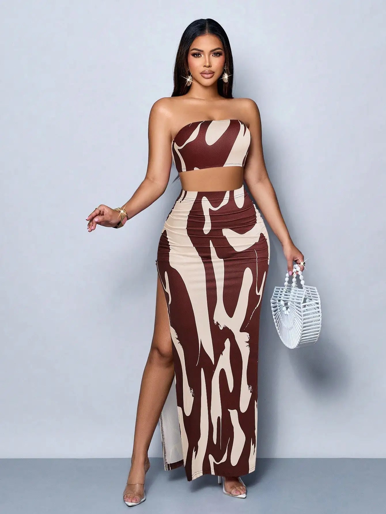 Abstract Print Strapless Two-Piece Set: Crop Top With High Slit Maxi Skirt