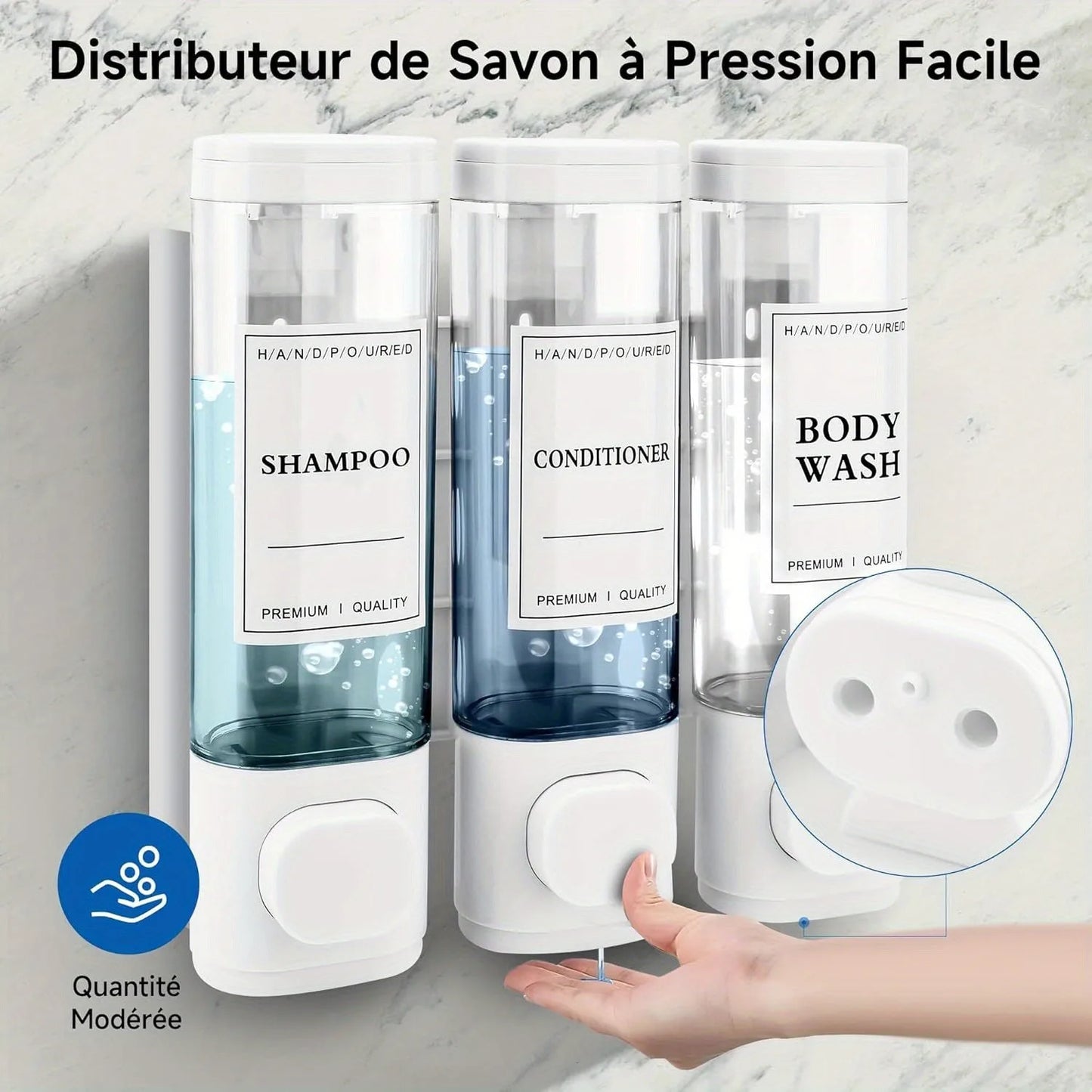 Wall-mounted Soap Dispenser, Shower Gel Dispenser, 3-in-1 Shampoo and Conditioner Dispenser, No Drilling Required, ABS Material,