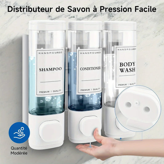 Wall-mounted Soap Dispenser, Shower Gel Dispenser, 3-in-1 Shampoo and Conditioner Dispenser, No Drilling Required, ABS Material,