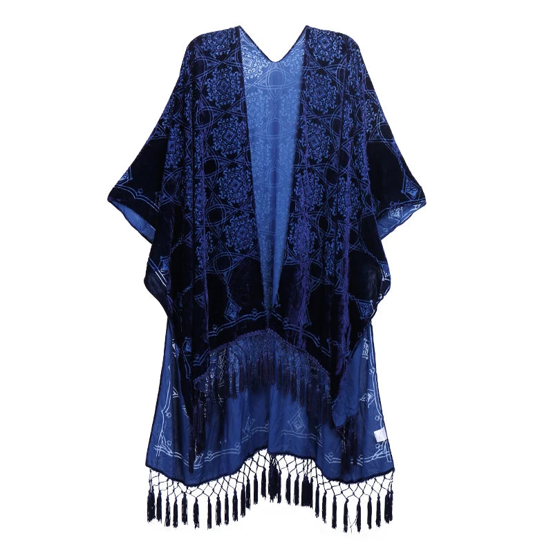 WeHello Women's Burnout Velvet Kimono Long Cardigan Cover Up with Tassel Burgundy Casual Cardigan Shawl Oversize Top