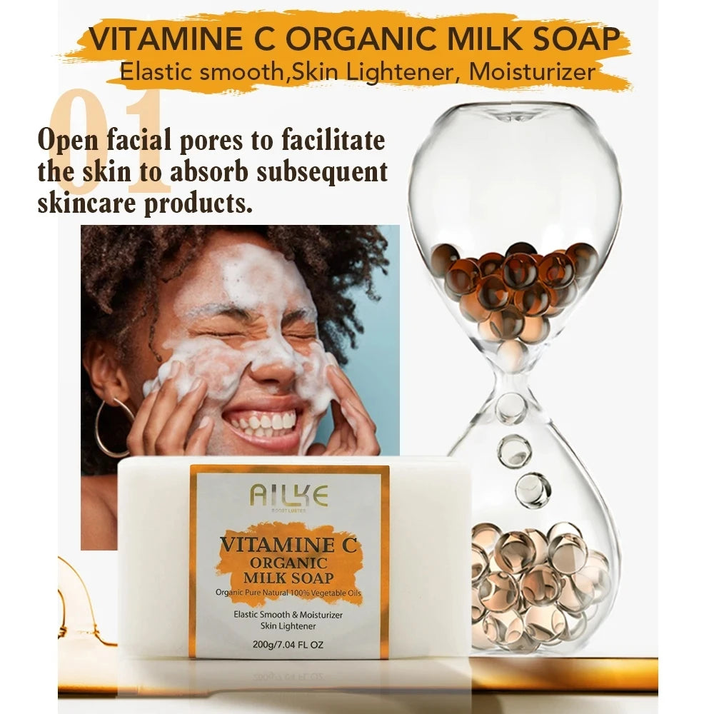 AILKE Vitamin C Organic Milk Soap Bar, Whitening, Reduce Wrinkles, Anti-Aging, Smooth & Soften Skin, for Face, Body, 200g/7 oz