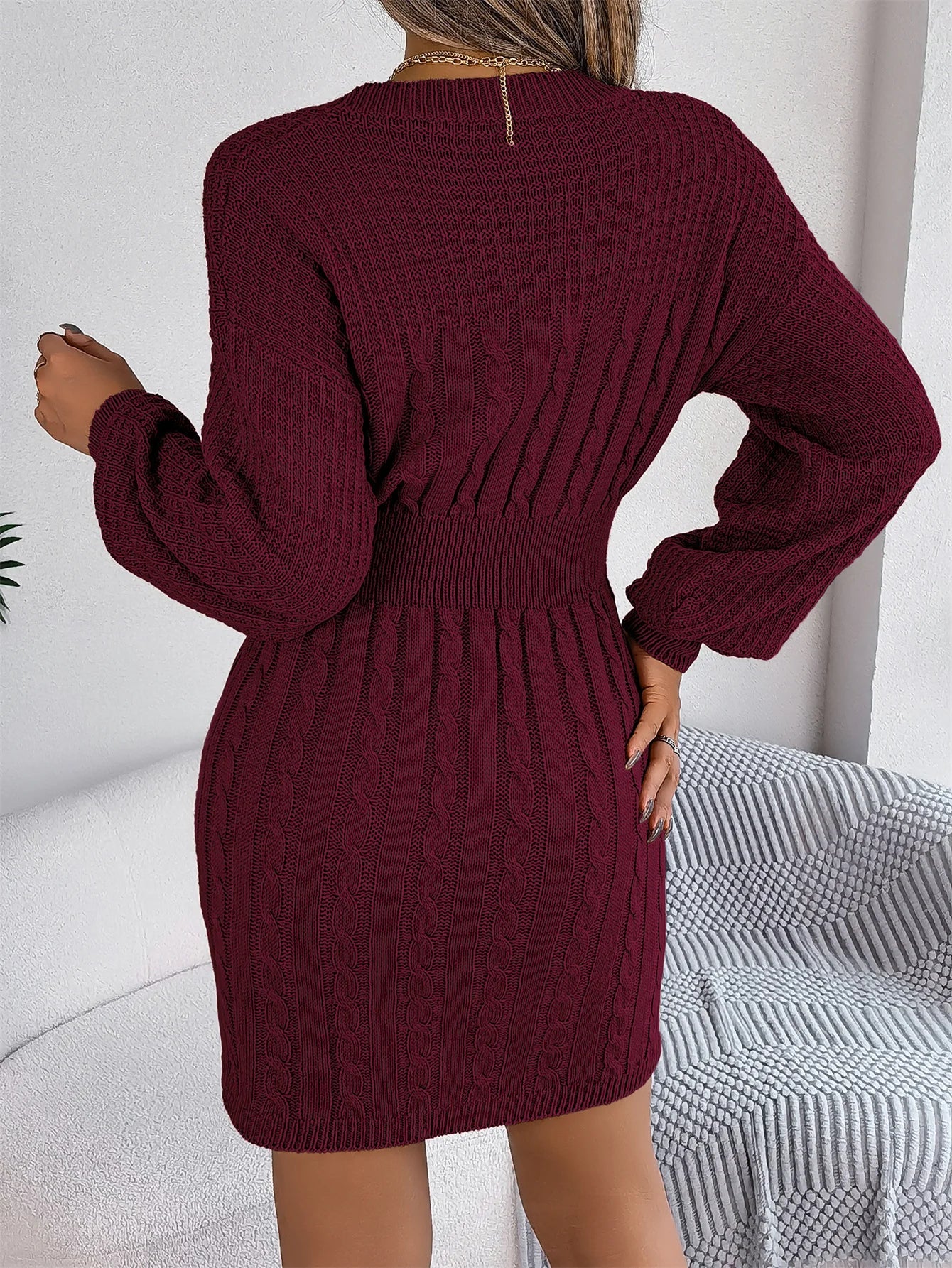 Women Fall Winter Sultry Openwork Fitted Bodycon Sweater Dress Long Sleeve Round Neck Solid
