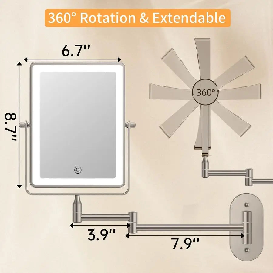 Mounted Makeup Mirror with Lights, 5000mAh Rechargeable Double Sided 1X 20X Magnifying Mirror with 3 Color Light, Touch Dimmable