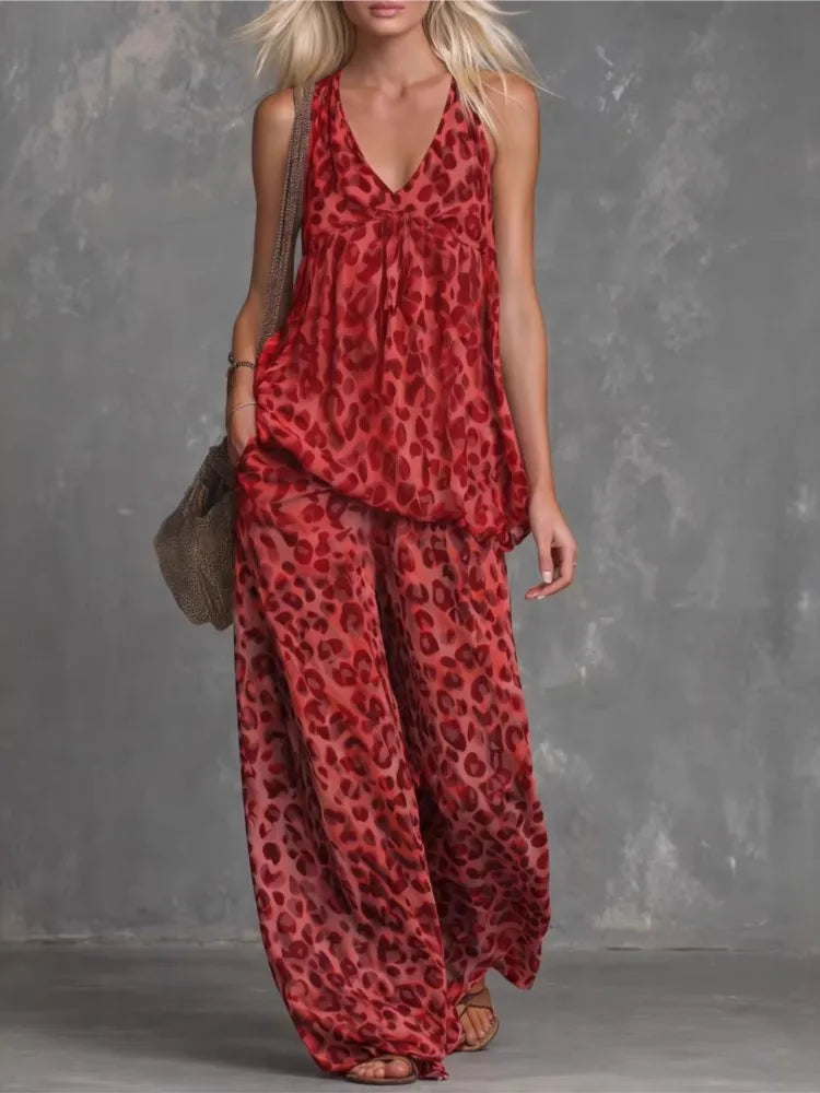 Fashion Two-piece Set - Loose Leopard Print Sleeveless Top Chiffon Long Pants For Women Summer Casual Woman 2 Piece Set Outfit