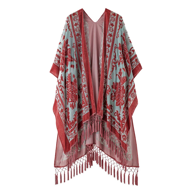 WeHello Women's Burnout Velvet Kimono Long Cardigan Cover Up with Tassel Burgundy Casual Cardigan Shawl Oversize Top