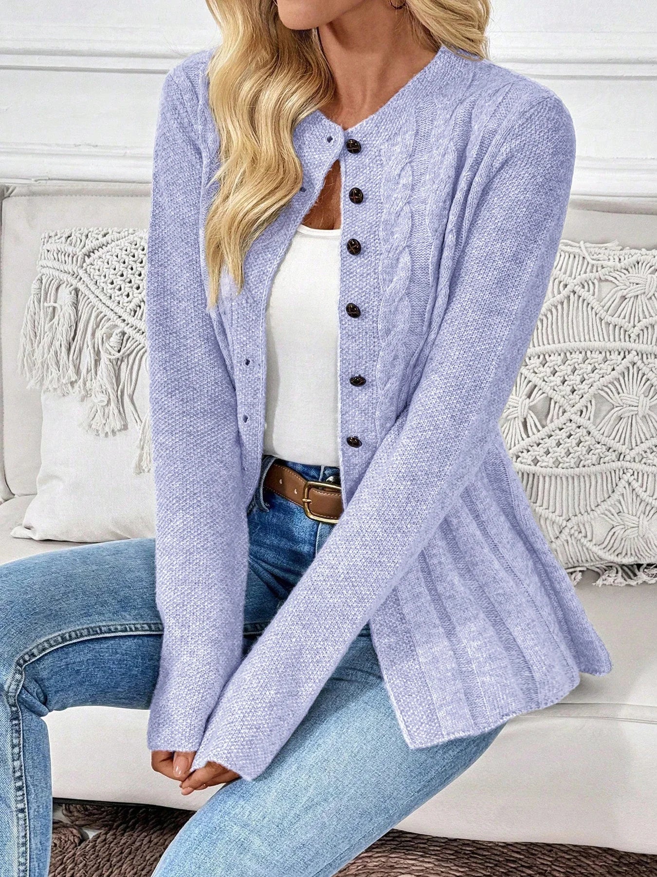 Women's simple solid color long sleeved cardigan knitted sweater for autumn and winter
