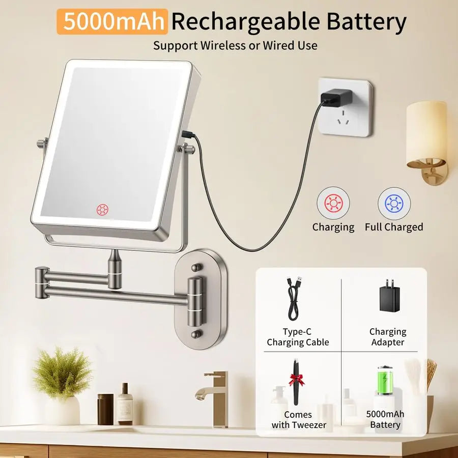 Mounted Makeup Mirror with Lights, 5000mAh Rechargeable Double Sided 1X 20X Magnifying Mirror with 3 Color Light, Touch Dimmable