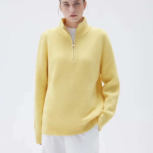 Autumn Winter Women's Knitted Sweater Oversize High Collar Yellow Knitwear Vintage Pullover Zipper Soft Warm Sweaters for Women
