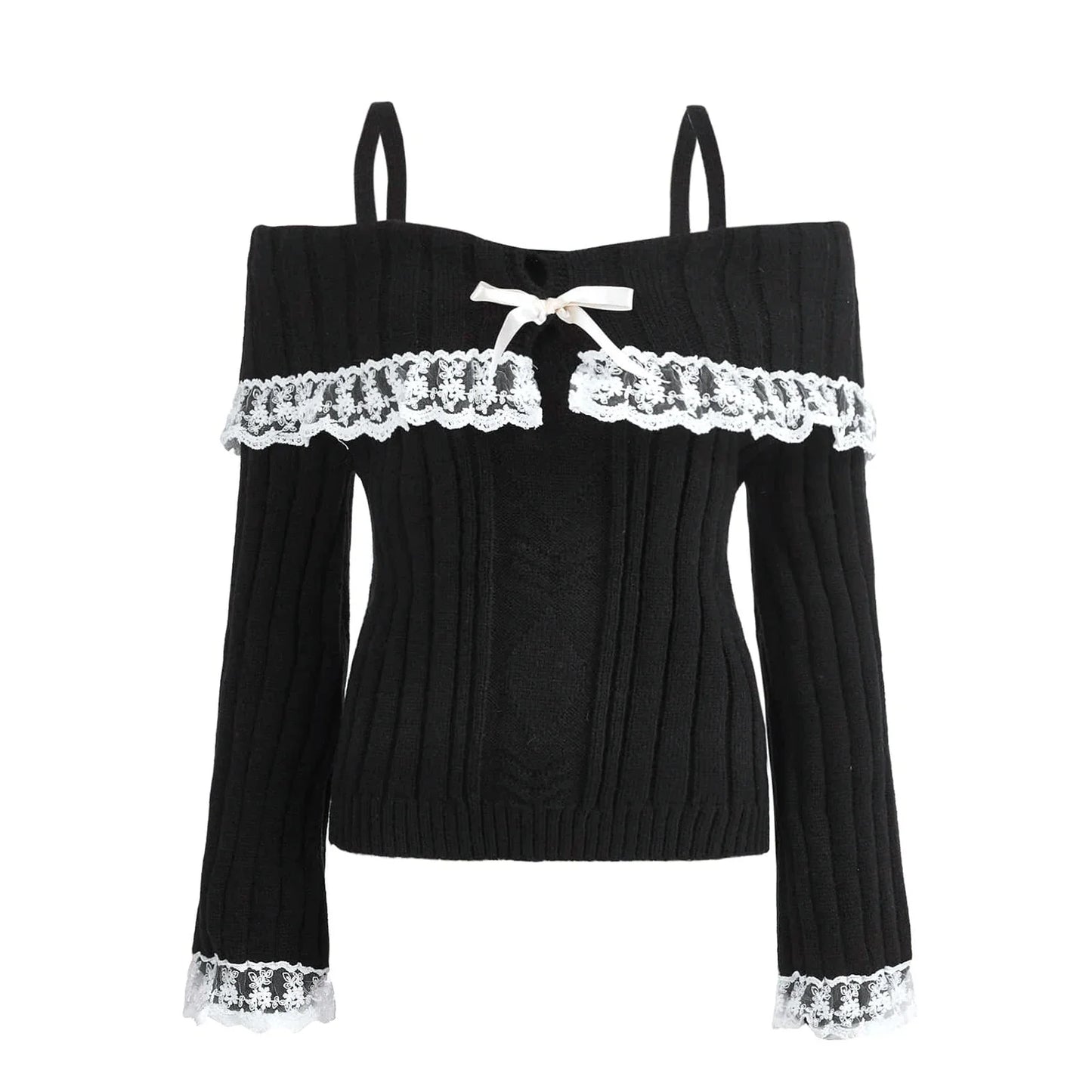 Women's Cold Shoulder Sweaters Long Sleeve Lace Trim Knit Pullovers Bow Front Jumpers Tops Fall Winter Y2K Clothes