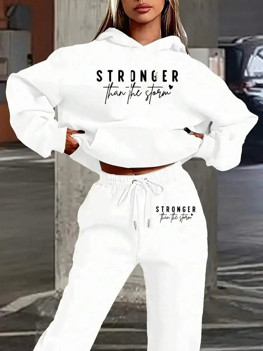 LC Women's Casual- 'Stronger Than The Storm' Letter Print Hoodie, White, Loose Fit With Pockets,