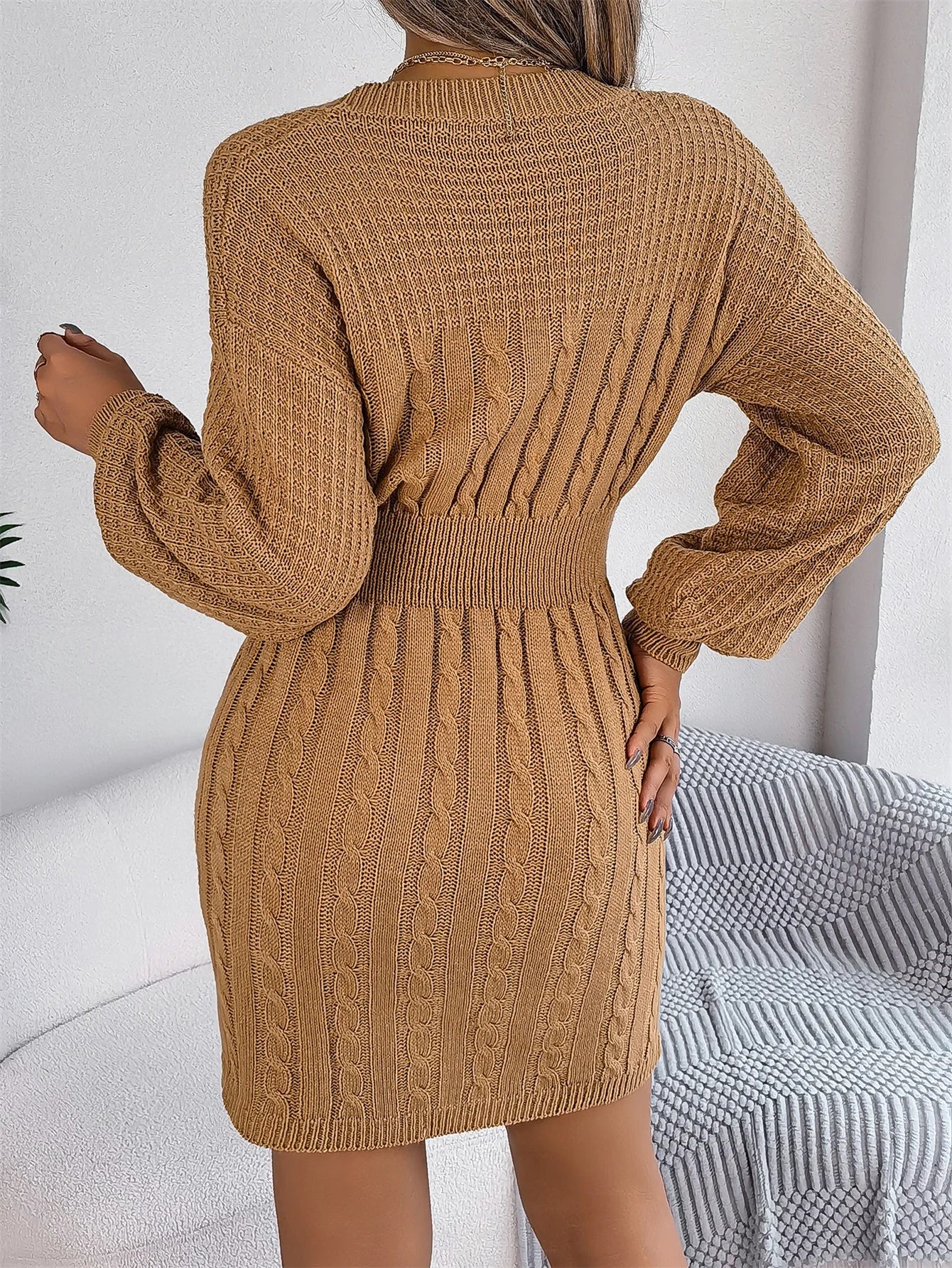 Women Fall Winter Sultry Openwork Fitted Bodycon Sweater Dress Long Sleeve Round Neck Solid