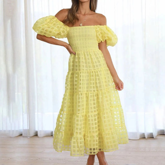 Women Off Shoulder Party Dress Fashion Elastic Top Short Puff Sleeve A Line Ruffle Dress Casual Midi Long Dress vestidos largos