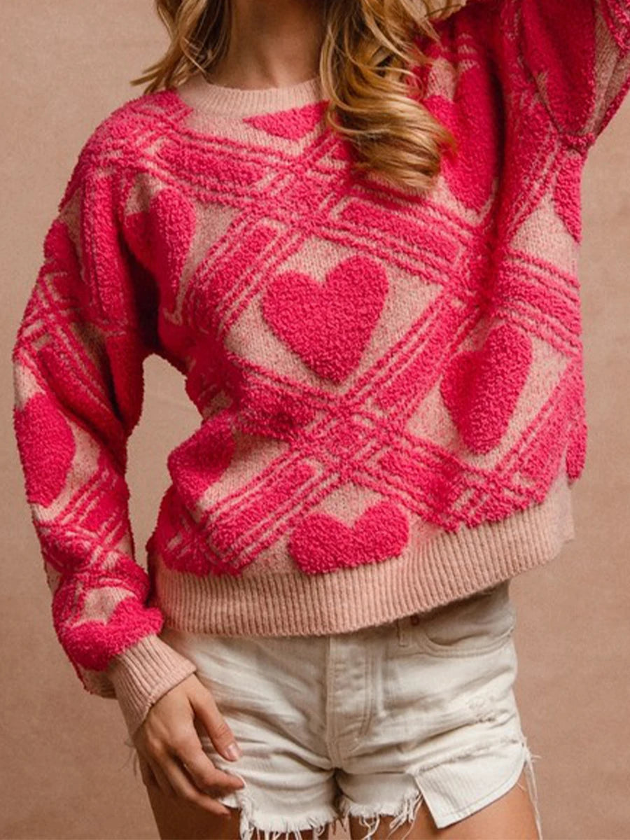 Women s Cozy Knit Heart Pattern Sweater with Long Sleeves and Crew Neckline for Casual Winter Style