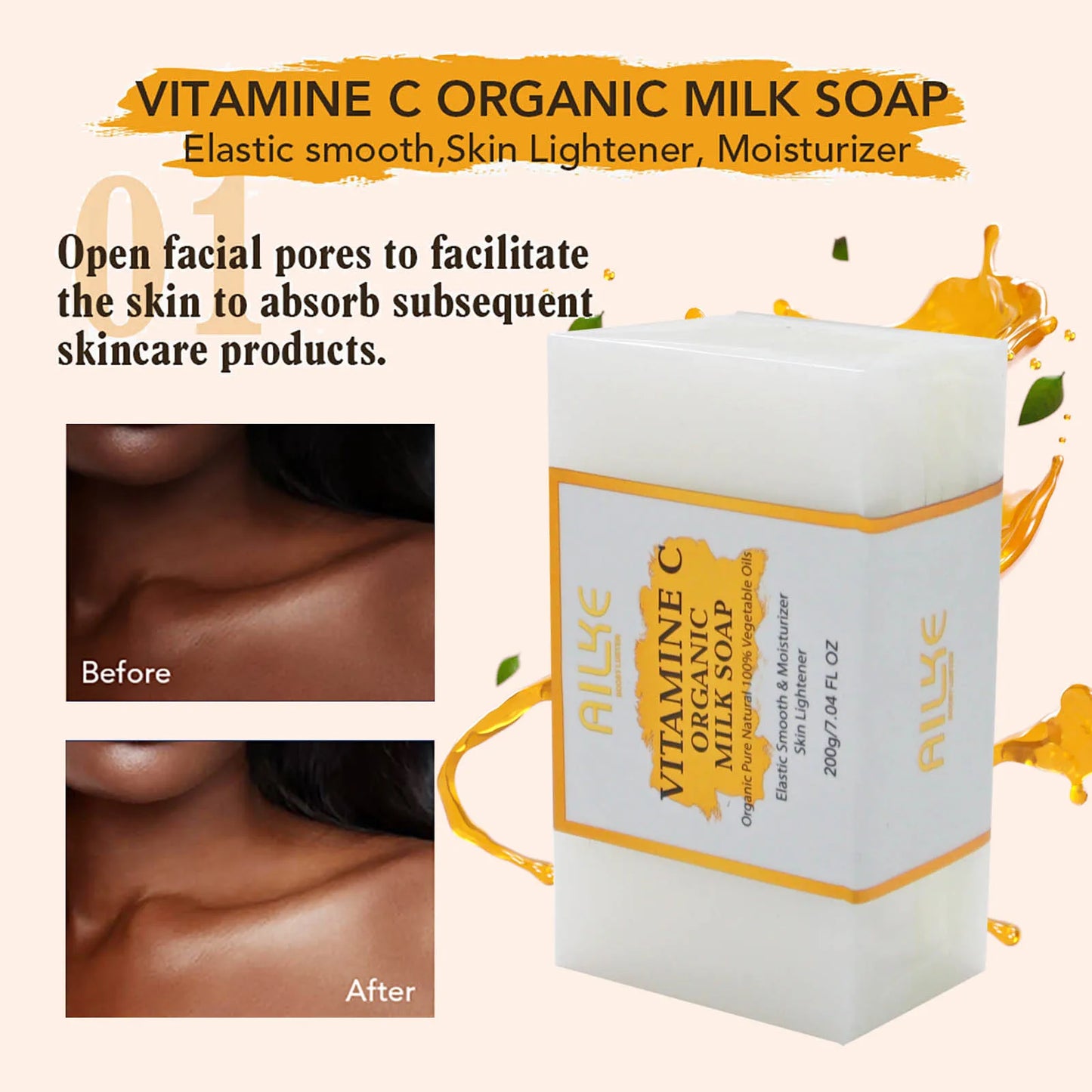 AILKE Vitamin C Organic Milk Soap Bar, Whitening, Reduce Wrinkles, Anti-Aging, Smooth & Soften Skin, for Face, Body, 200g/7 oz