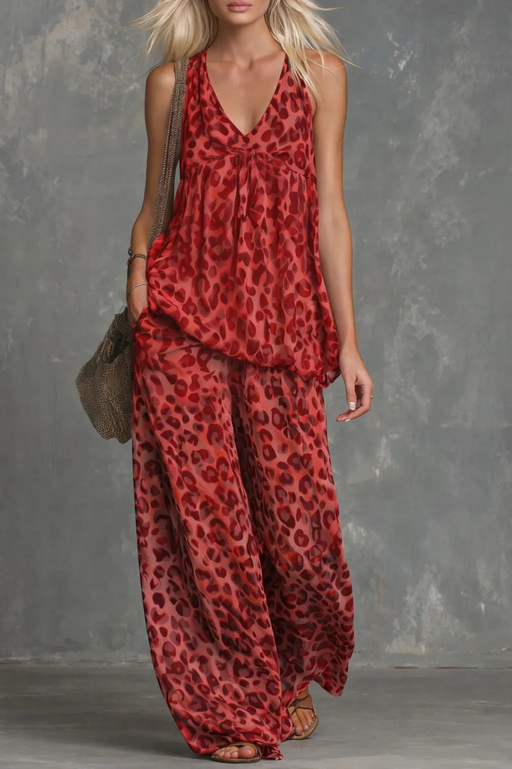 Fashion Two-piece Set - Loose Leopard Print Sleeveless Top Chiffon Long Pants For Women Summer Casual Woman 2 Piece Set Outfit