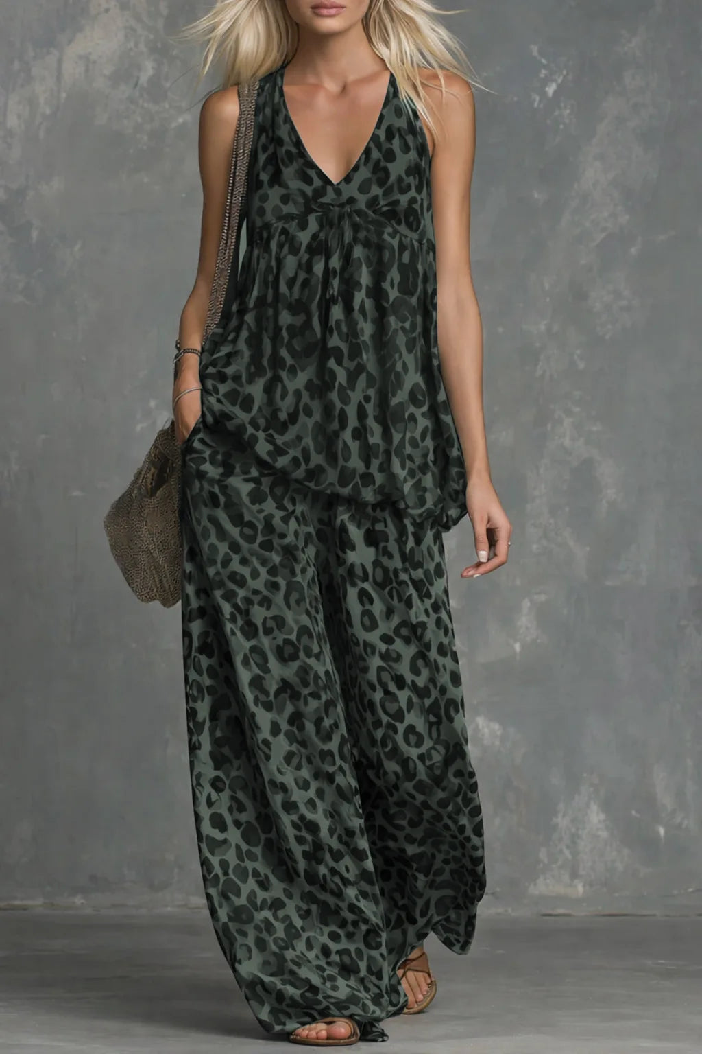 Fashion Two-piece Set - Loose Leopard Print Sleeveless Top Chiffon Long Pants For Women Summer Casual Woman 2 Piece Set Outfit