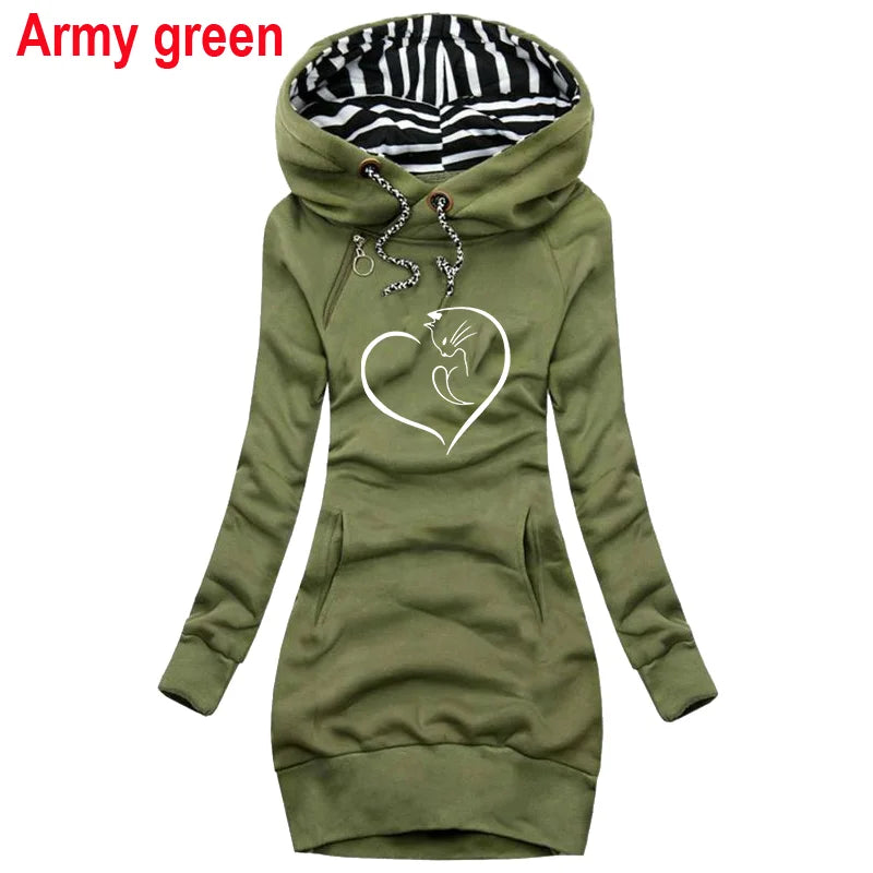 New Women's Hooded Long Sleeved Dresses Cat Print Hoodie Casual Skirt Hooded Pullover Pocket Sweater Dress