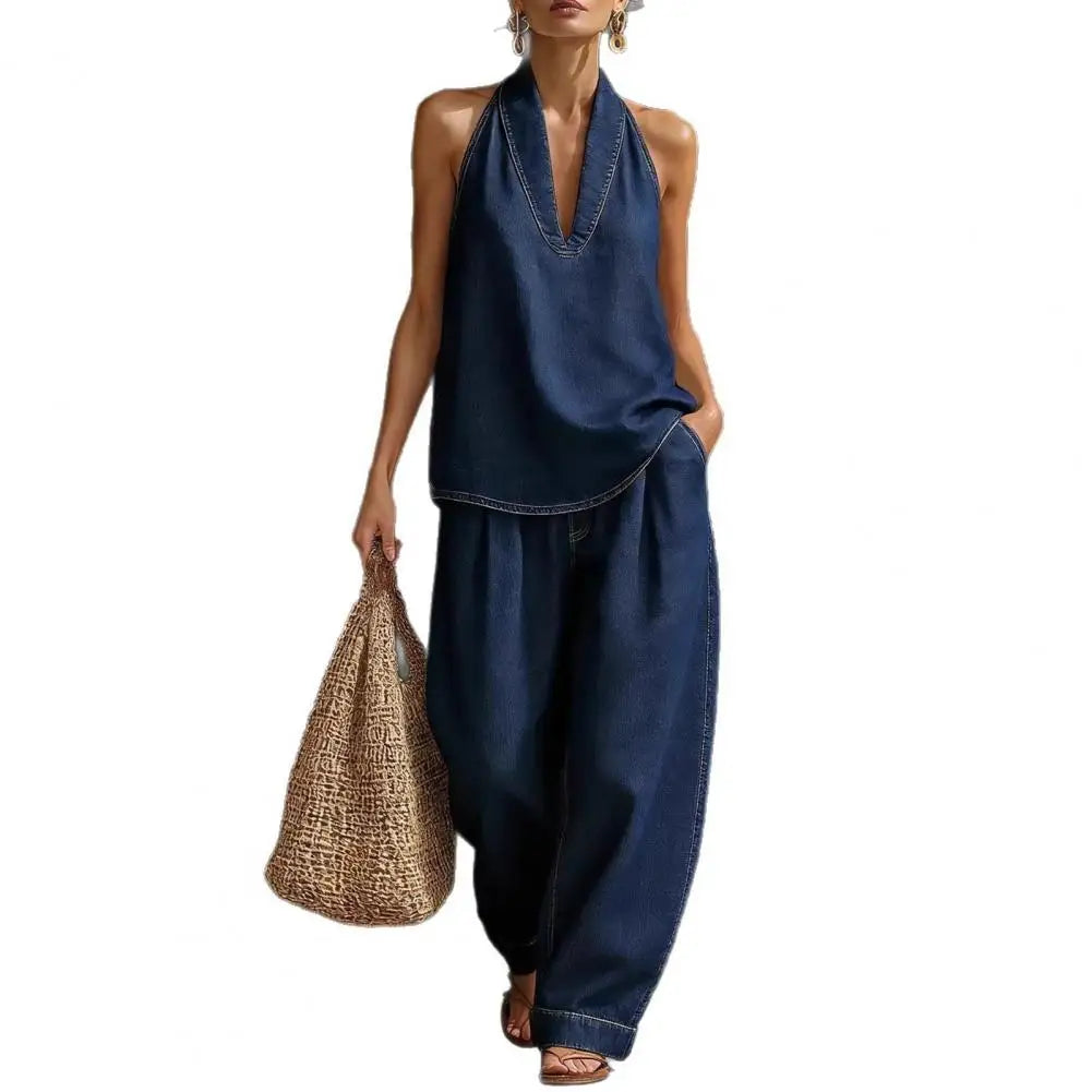 Women Denim Vest Pants Set Summer Vintage Washed Denim Sleeveless Hanging Neck V-neck tank top Straight Leg Pants OL Commuting