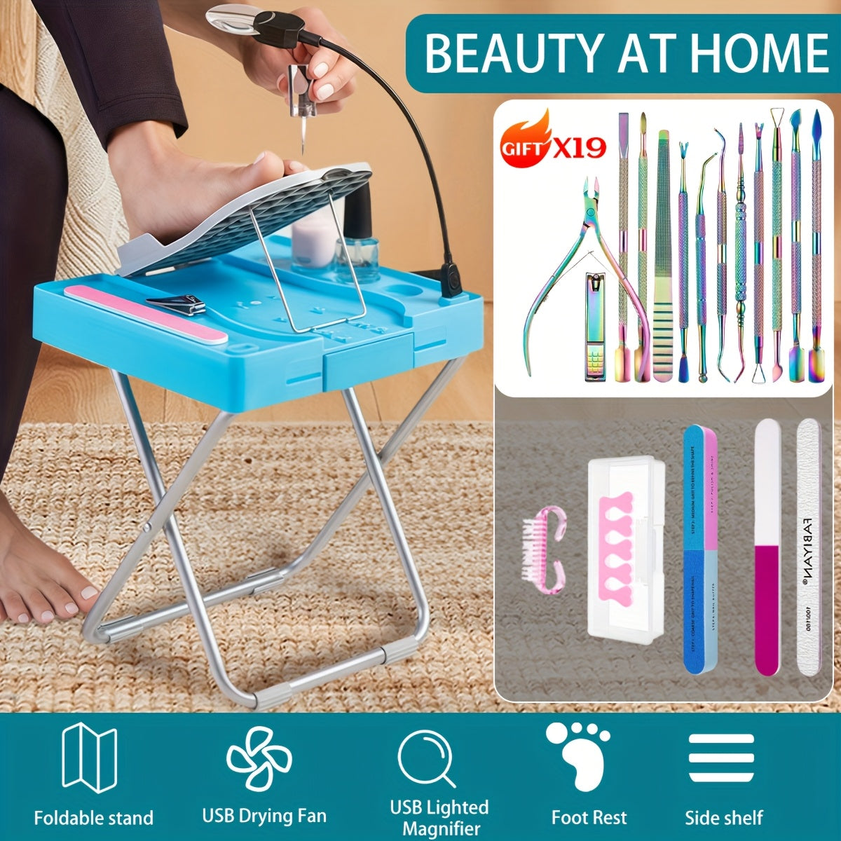 1pc ABS Adjustable Pedicure Stool With LED Magnifier, Drying Fan & Built-in Storage-with 16/19pcs Nail Tools, Home Nail Pedal, Suitable For Trimming Nails, Polishing Nails, Perfect Footrest For Easy At-Home Pedicures, Ideal G