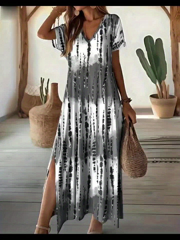 Tie Dye V Neck Dress with Elegant Split Short Sleeves