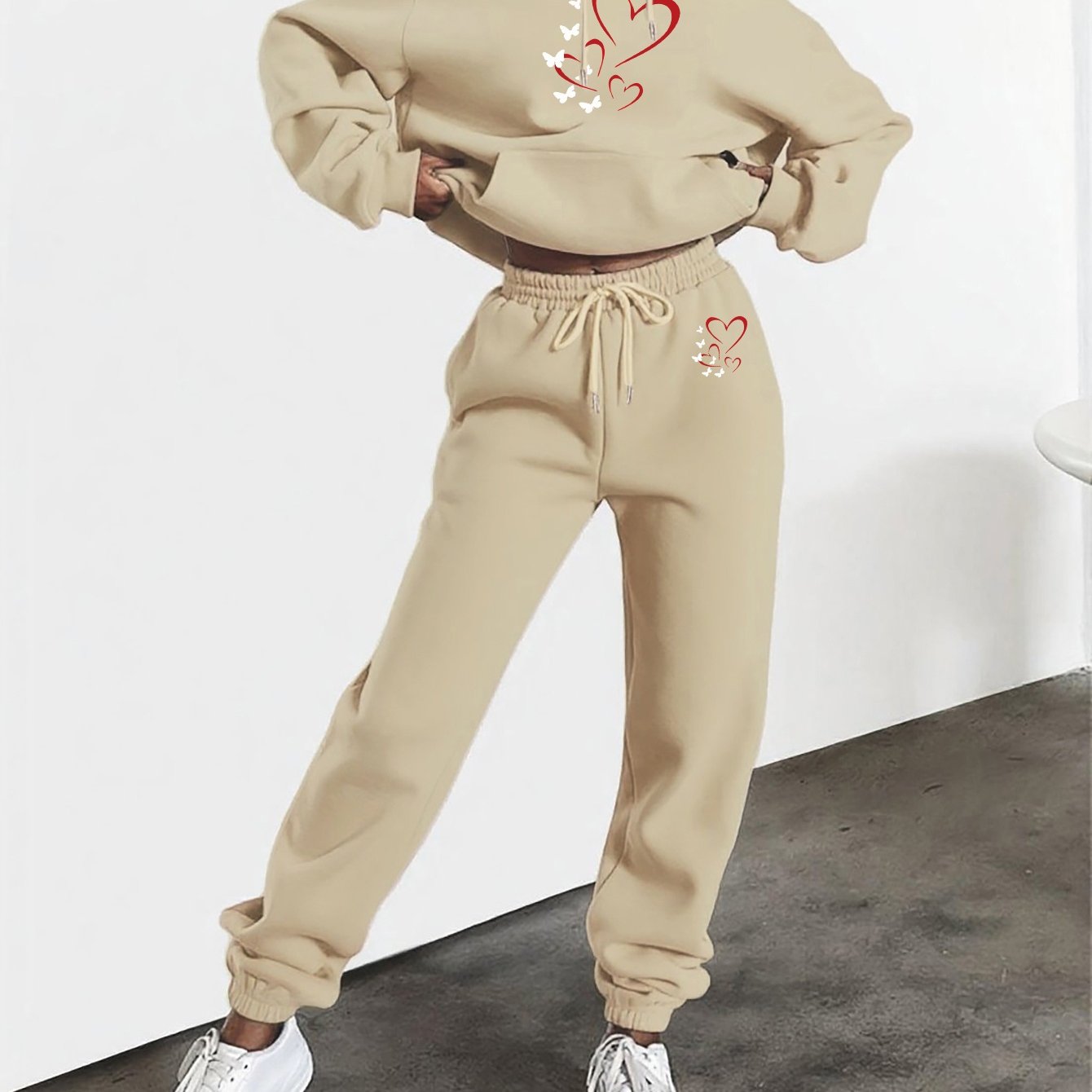 Heart And Butterfly Print Hooded Sweatshirt And Pants Set