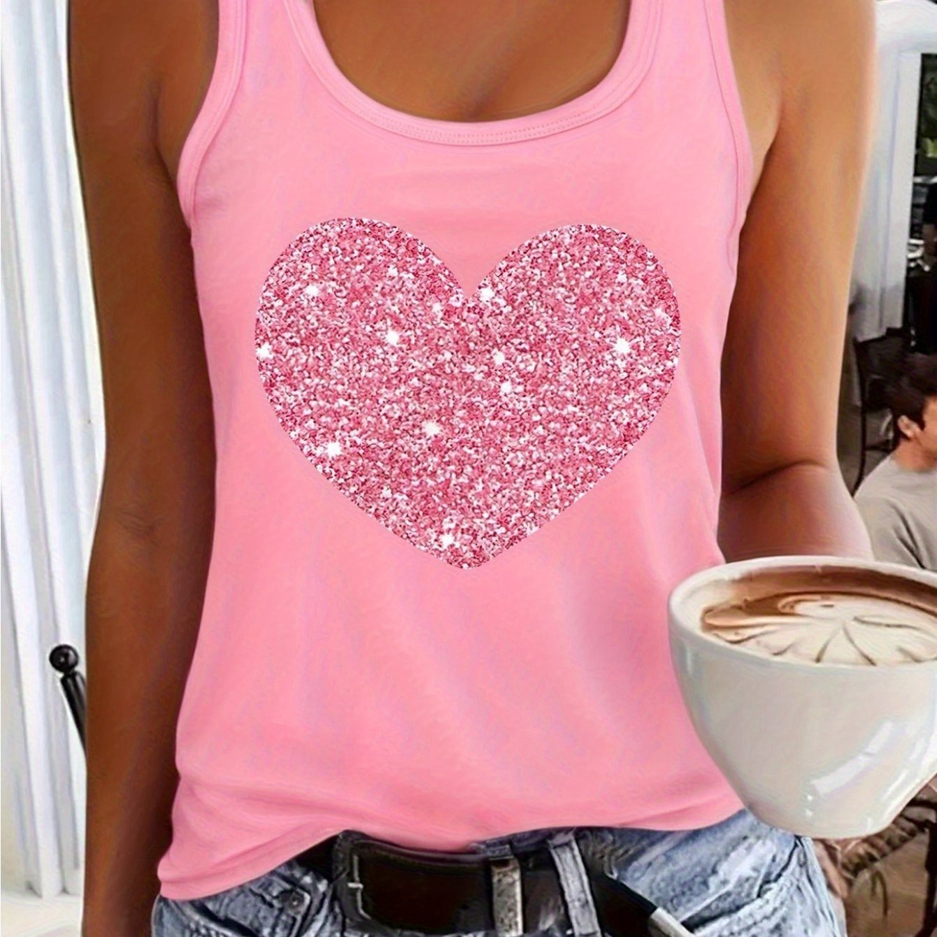1pc Women's Pink Sleeveless Vest, Sparkling Red Heart And Star Print, Printed Pattern, Non Sequined - Casual Summer And Spring Top, Round Neck, Machine Washable Comfortable Fabric