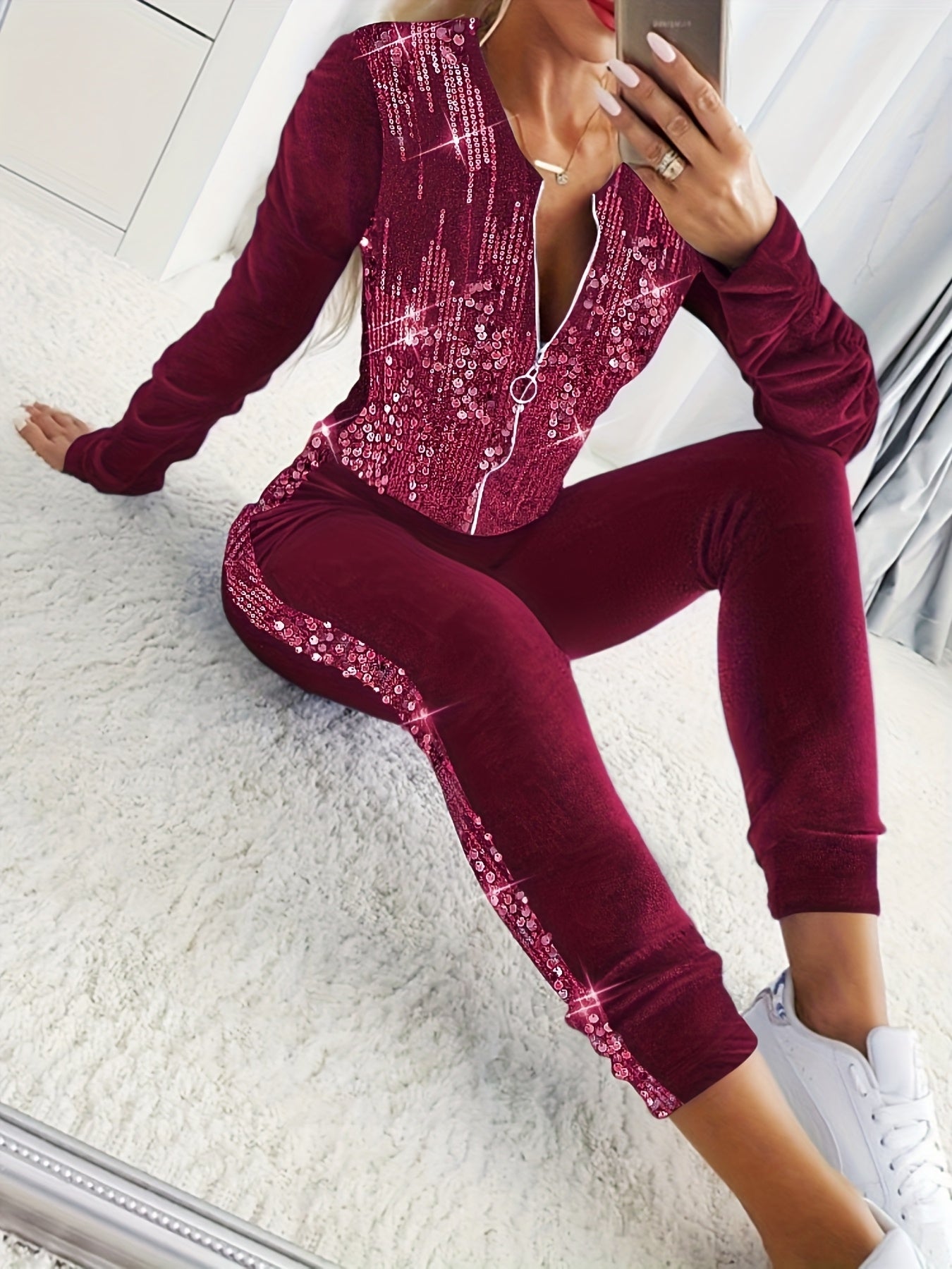 2pcs Velvet Tracksuit Outfits Contrast Sequin Ruched Long Sleeve Zip Up Coat Pants Sets