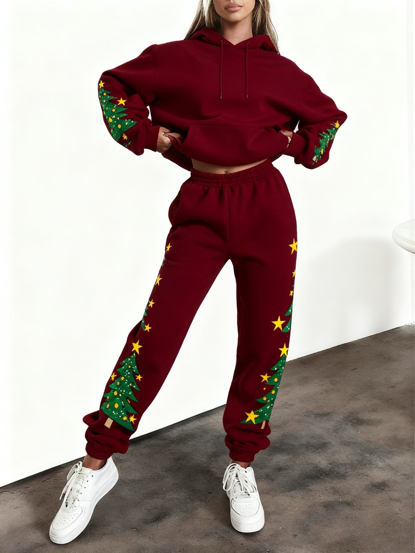 Women'S Christmas Two-Piece Hoodie Set - Red Sweatsuit Outfit with Kangaroo Pocket, Machine Washable Winter Lounge & Party Wear, Cozy Holiday Outfit for Christmas Gifts (Women'S Clothing Set)