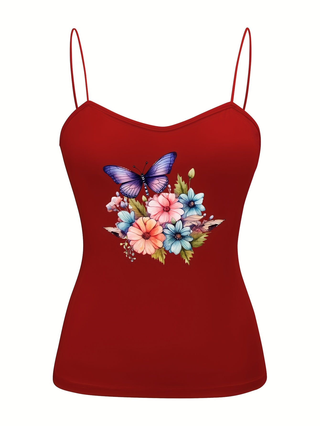 Butterfly Floral Spaghetti Strap Tops for Women Semi Sheer