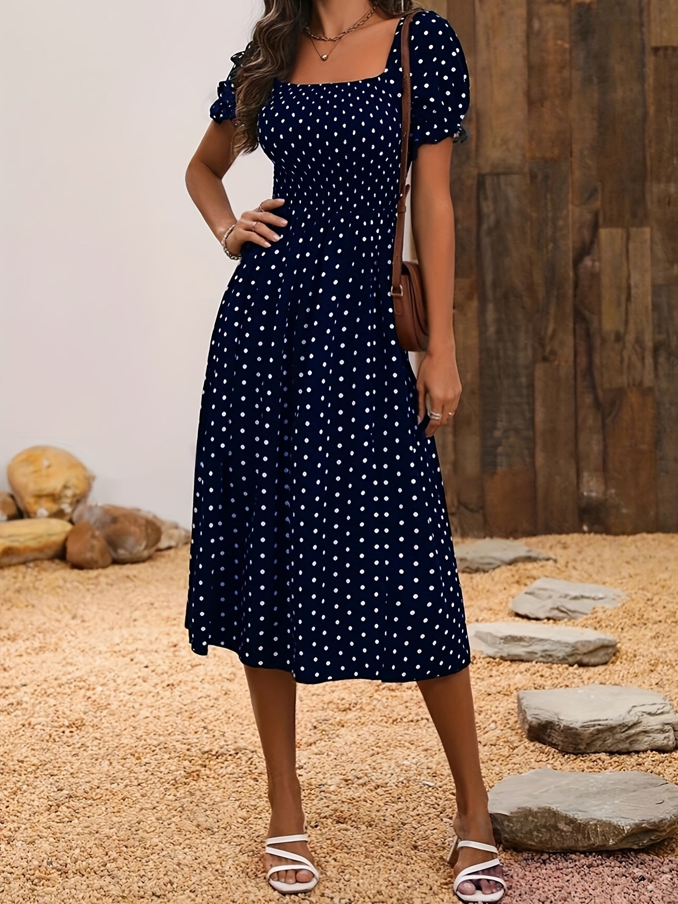 Elegant Off-Shoulder Red & White Polka Dot Mum Dress with Shirred Waist - Chic Summer Two-Way Wear for Women, Off Shoulder Dress