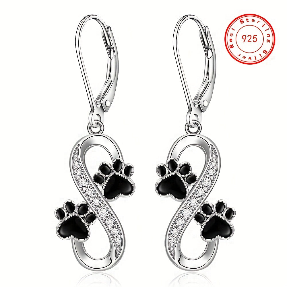 Sterling Silver Infinity Earrings - 925 Black Cat Paw Print Women's Memorial Jewelry Lover Gift - Valentine's Day Puppy Pet Paw Earrings