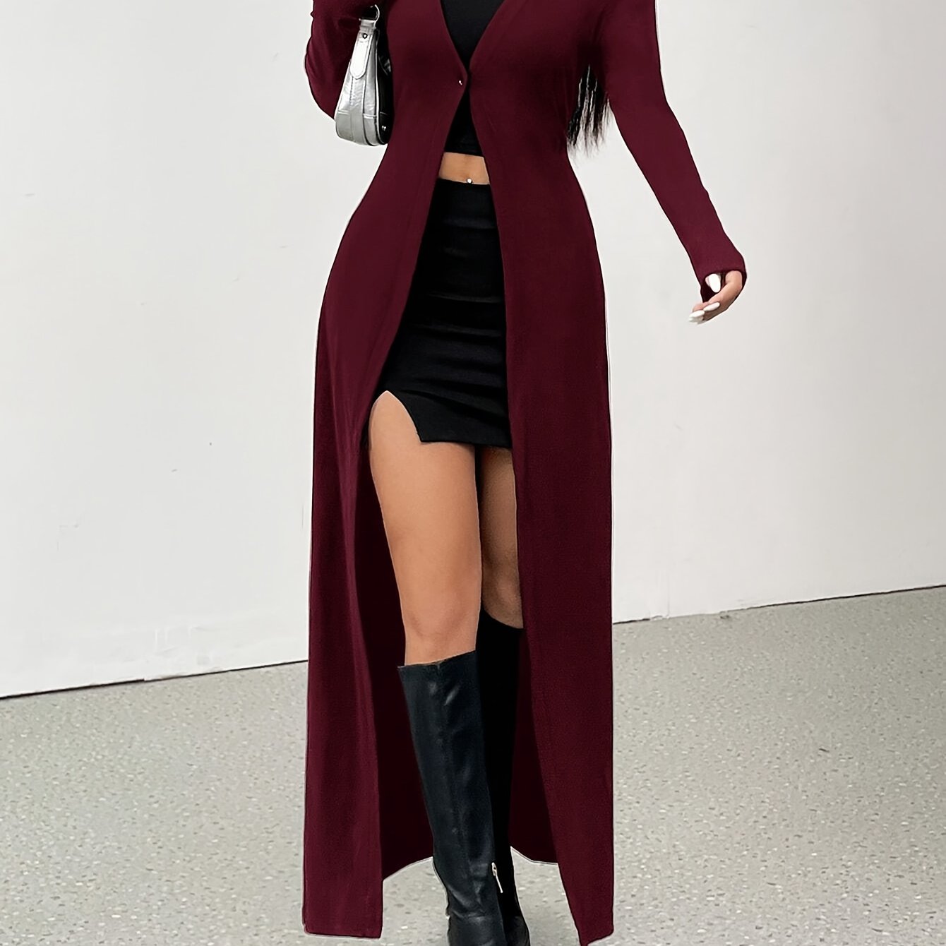 Women's Elegant Long Jacket - Open Front Closure, Machine Washable Non-Transparent Coat for Everyday & Formal Events, Chic Office Party Outerwear - Spring/Fall Wardrobe Essential, Spring Outerwear, High Collar Design, Medium