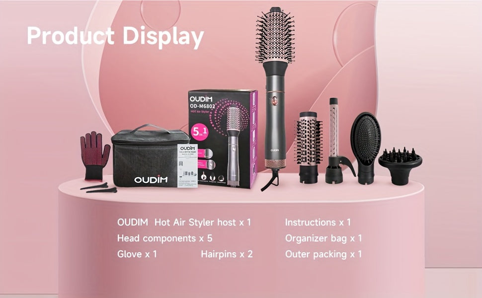 5-in-1 Hot Air Comb Set with Negative Ion Technology - Hair Dryer, Massage Straightening Comb, Round Curling Iron & Oval Styling Comb, Interchangeable Heads