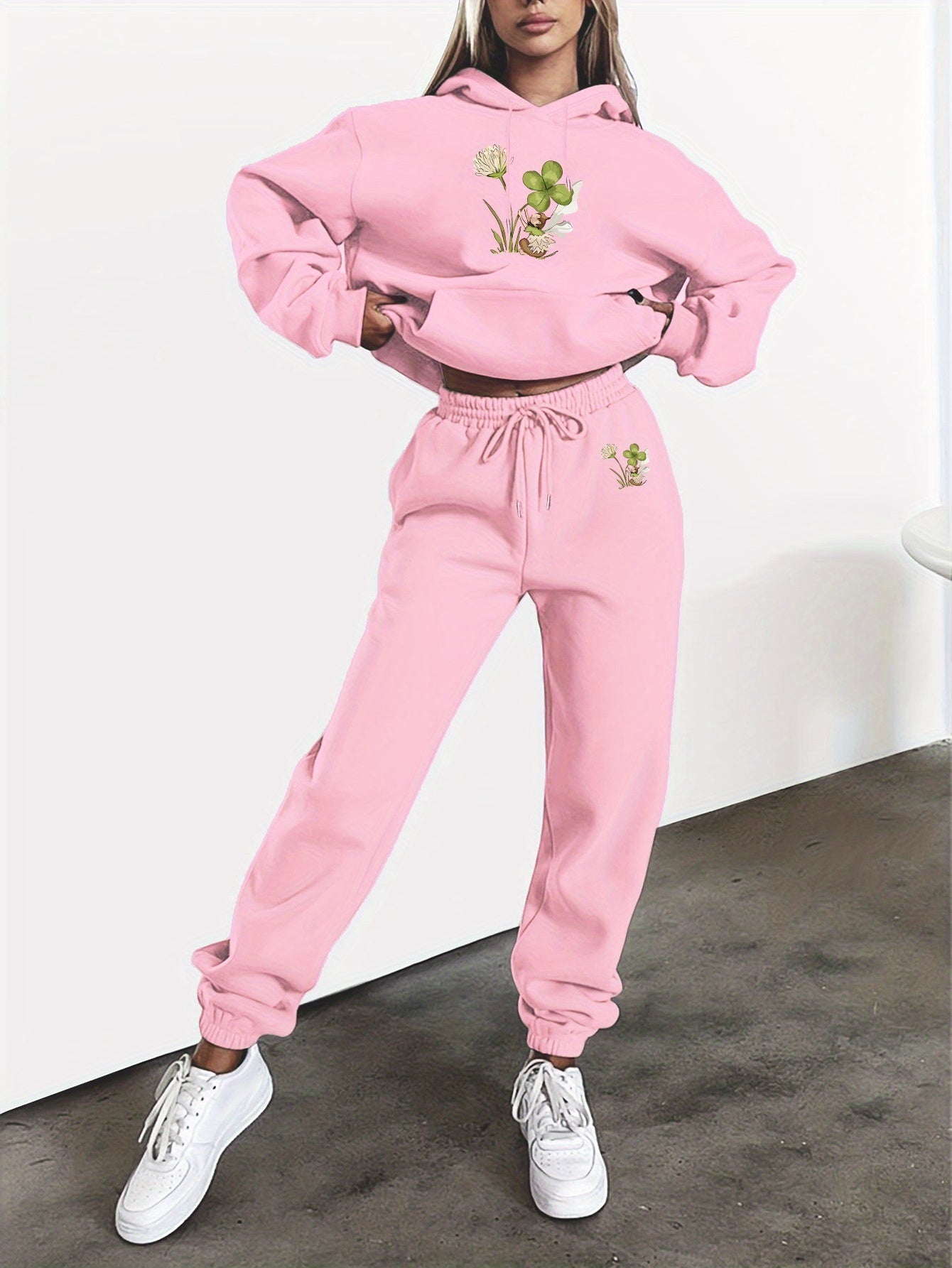 Floral Print Womens Hooded Sweatshirt And Pants Set Winter