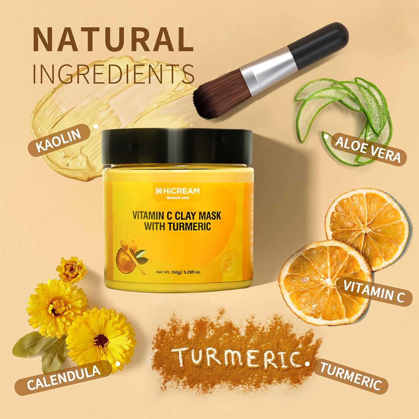5.29 Oz Turmeric Vitamin C Clay Mask Turmeric Face Clay Mask VC Cleansing Mask. Contains Natural Ingredients: Aloe Vera, Calendula For Plumped, Smoother Skin, Hypoallergenic, Suitable For All Skin Types, Great Holiday Gift Fo