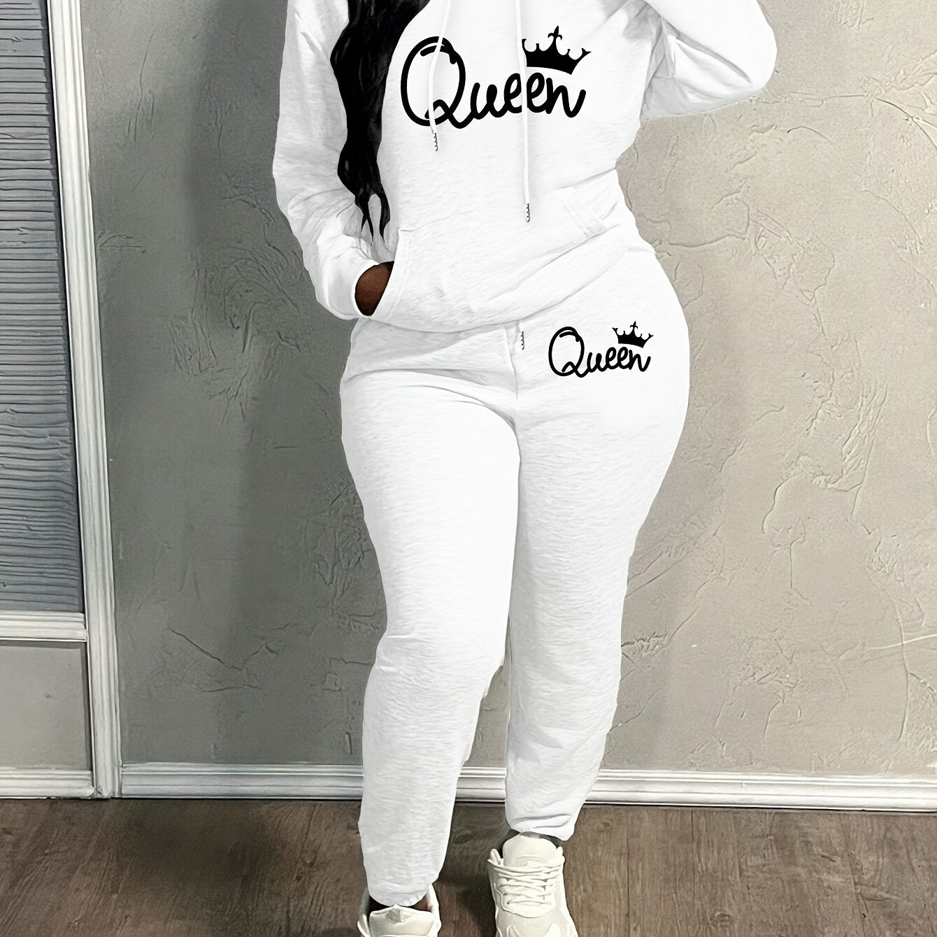 Letter Print Two Piece Hoodie And Pants Set Polyester Women