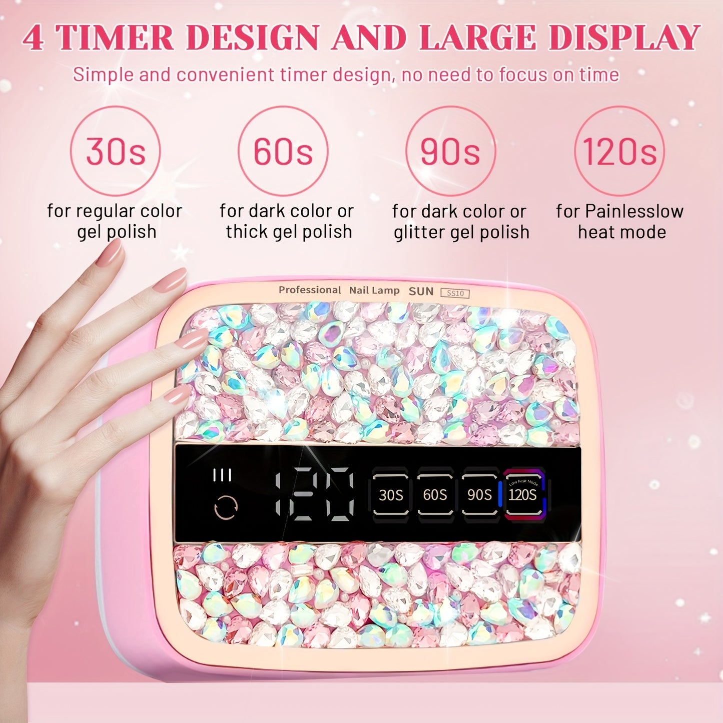 Portable UV LED Nail Lamp with Sparkling Pink Rhinestones