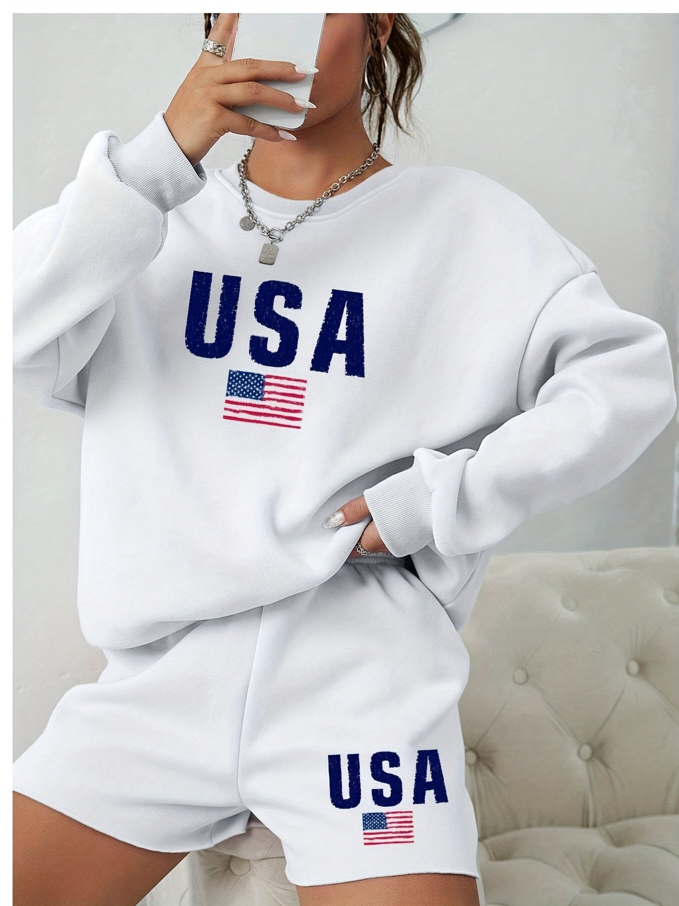 Patriotic USA Flag Women's Sweatshirt and Shorts Outfit Set