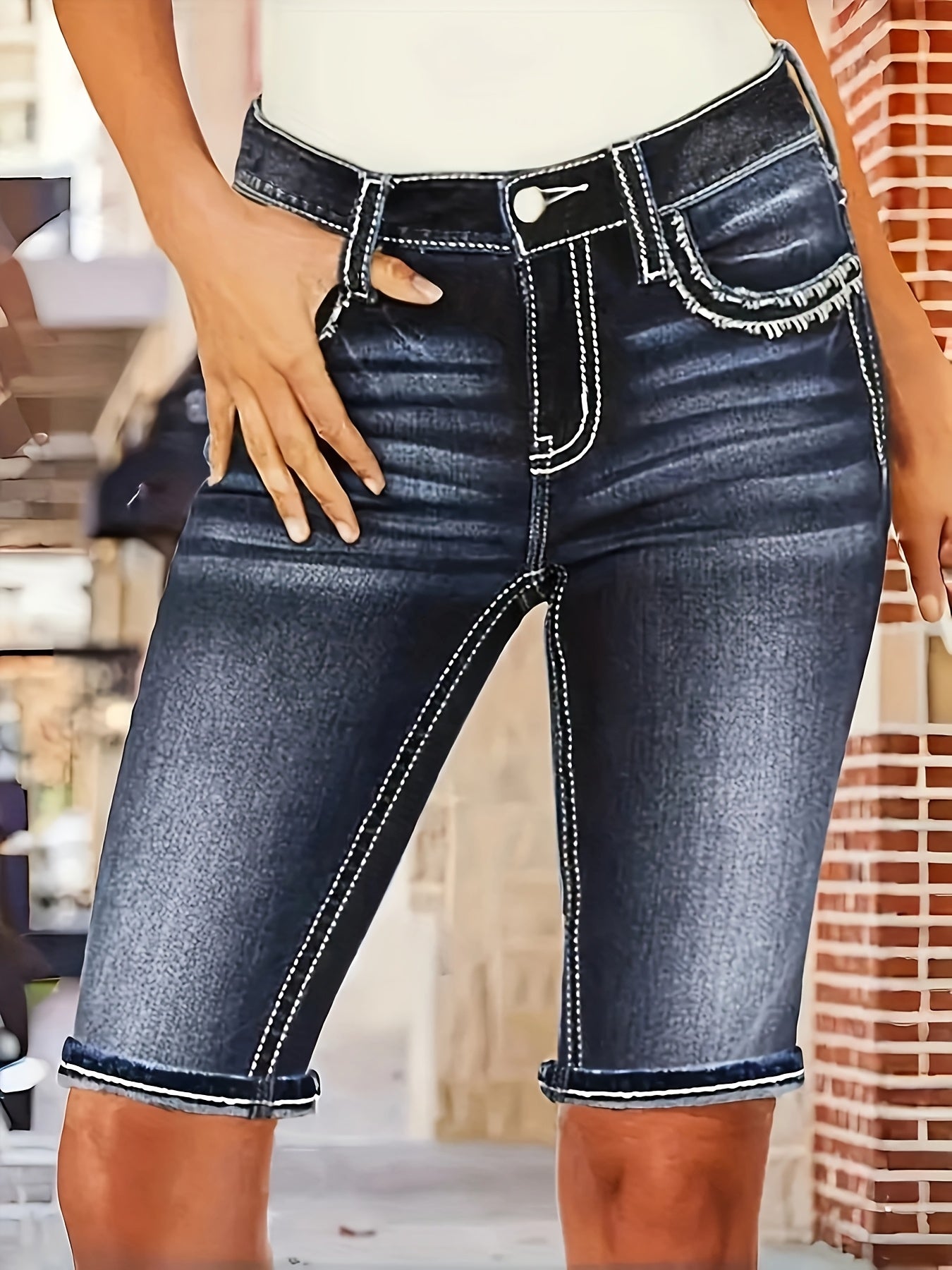 Women'S Stretch Denim Mid-Thigh Shorts Embroidered Fashion Comfortable Versatile Women'S Denim Shorts