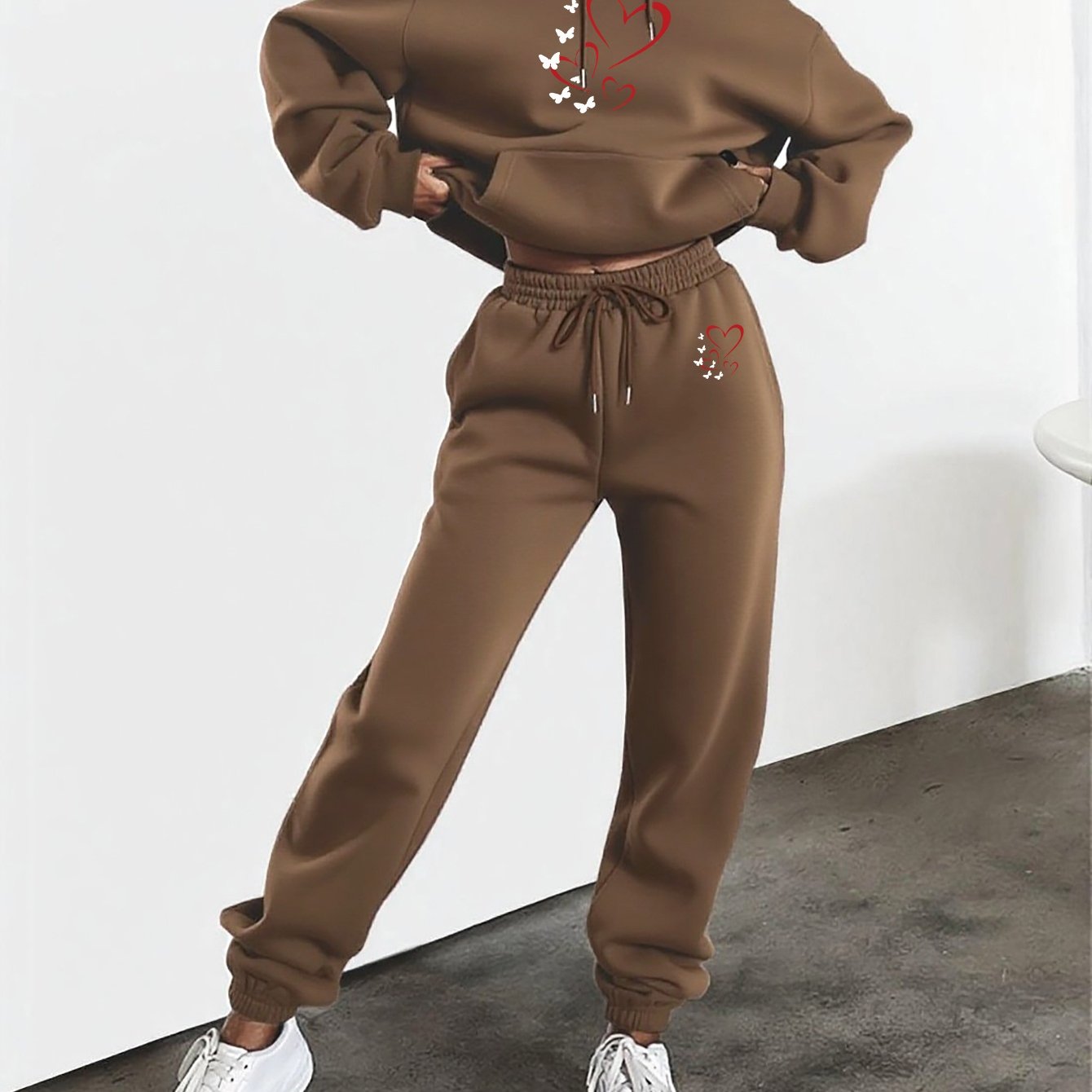 Heart And Butterfly Print Hooded Sweatshirt And Pants Set