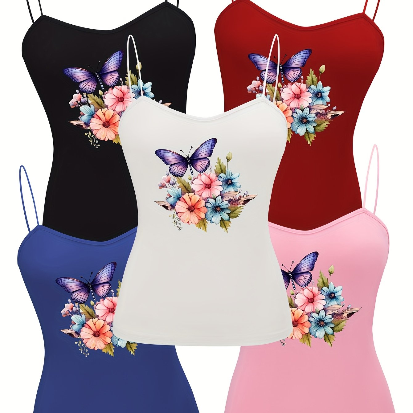 Butterfly Floral Spaghetti Strap Tops for Women Semi Sheer