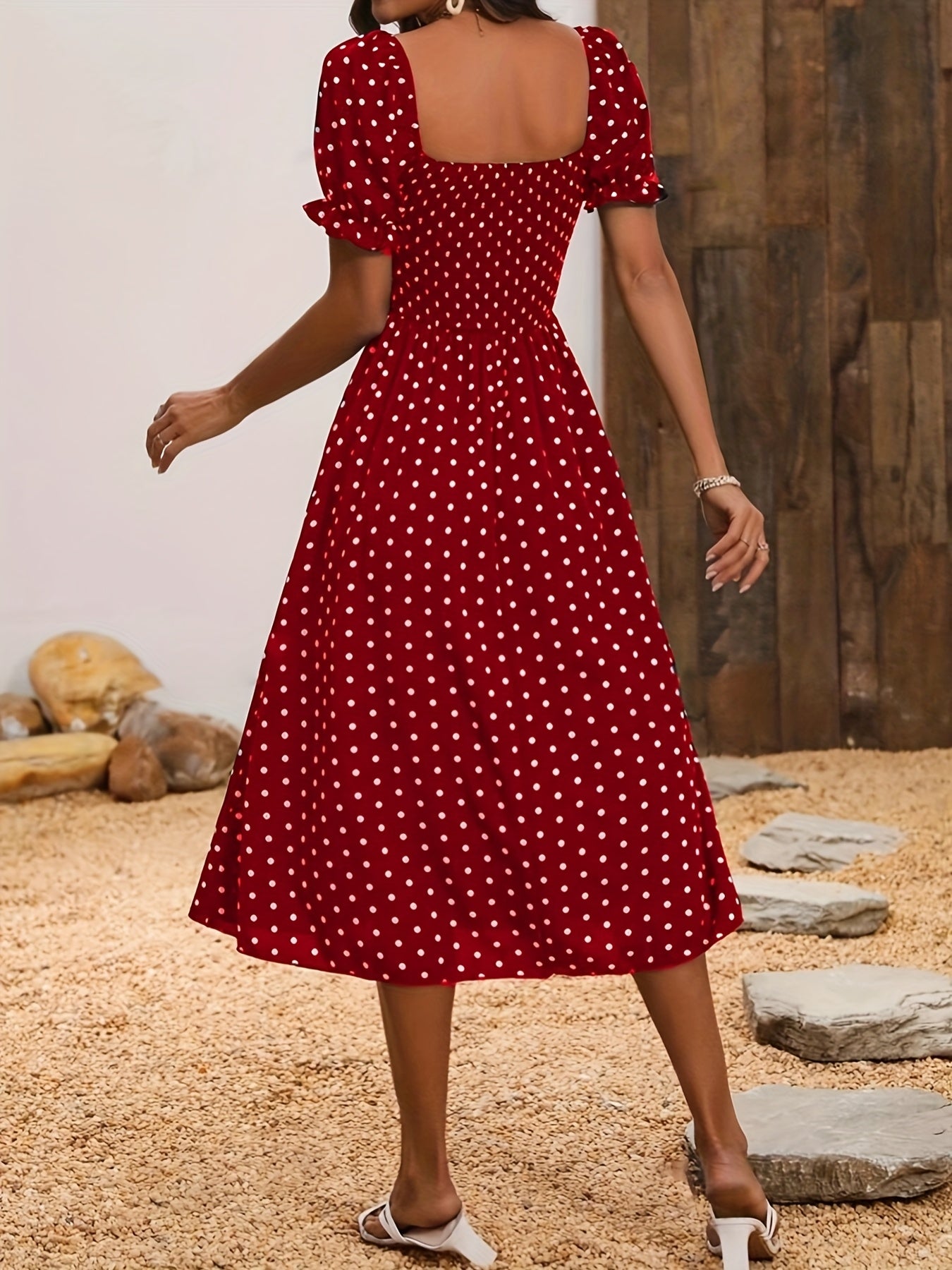 Elegant Off-Shoulder Red & White Polka Dot Mum Dress with Shirred Waist - Chic Summer Two-Way Wear for Women, Off Shoulder Dress