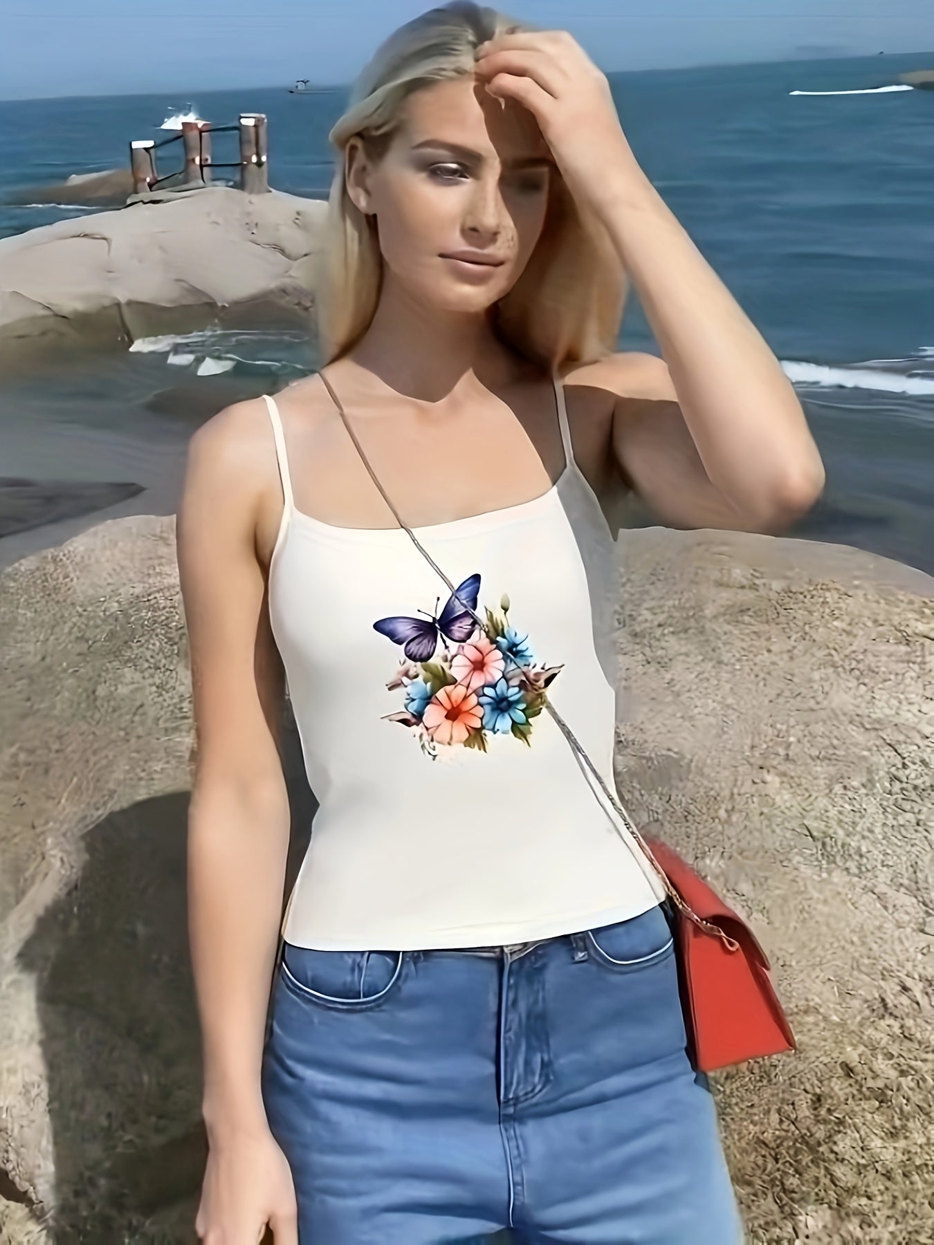 Butterfly Floral Spaghetti Strap Tops for Women Semi Sheer