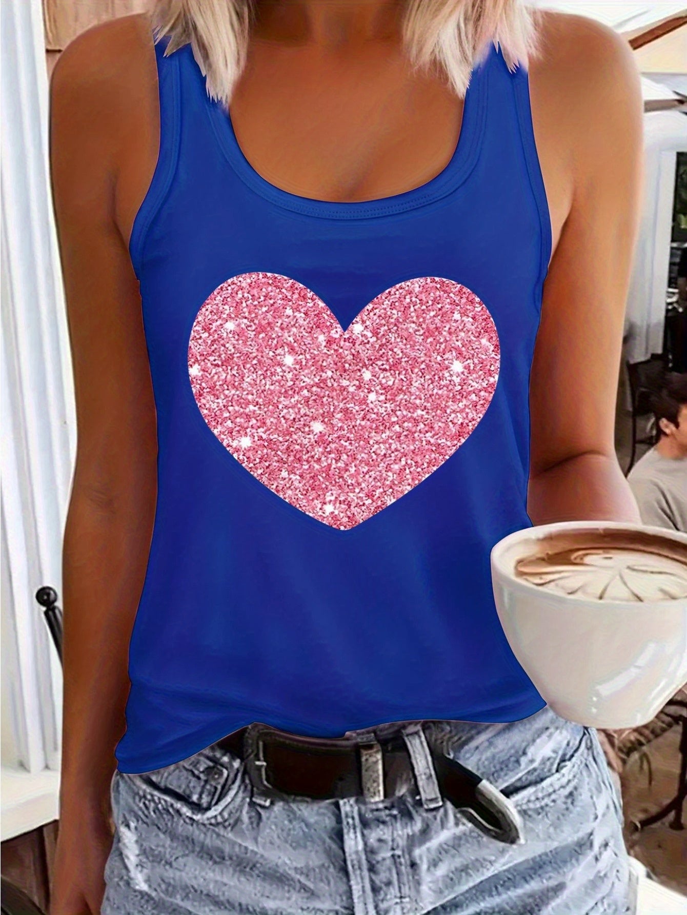 1pc Women's Pink Sleeveless Vest, Sparkling Red Heart And Star Print, Printed Pattern, Non Sequined - Casual Summer And Spring Top, Round Neck, Machine Washable Comfortable Fabric