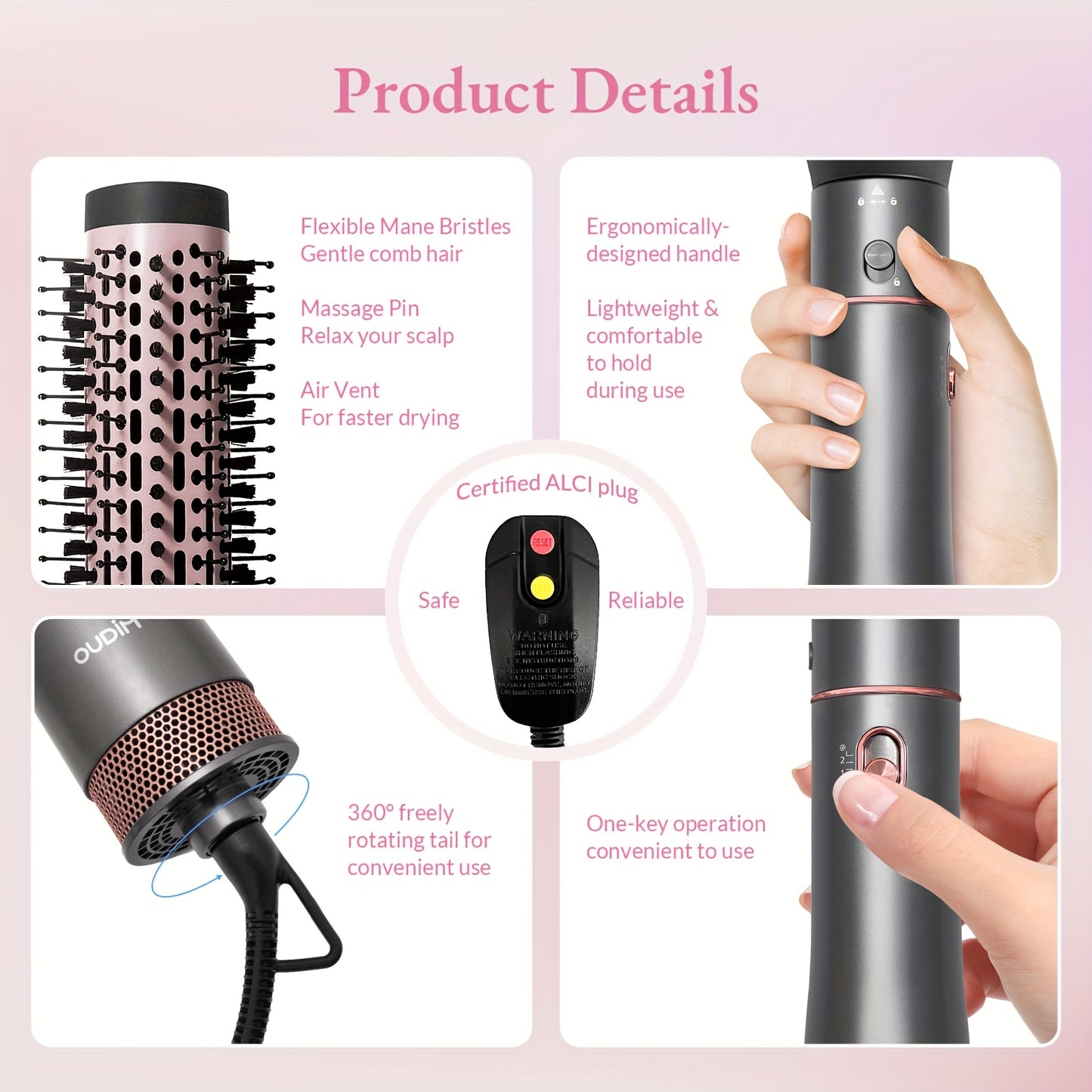 5-in-1 Hot Air Comb Set with Negative Ion Technology - Hair Dryer, Massage Straightening Comb, Round Curling Iron & Oval Styling Comb, Interchangeable Heads