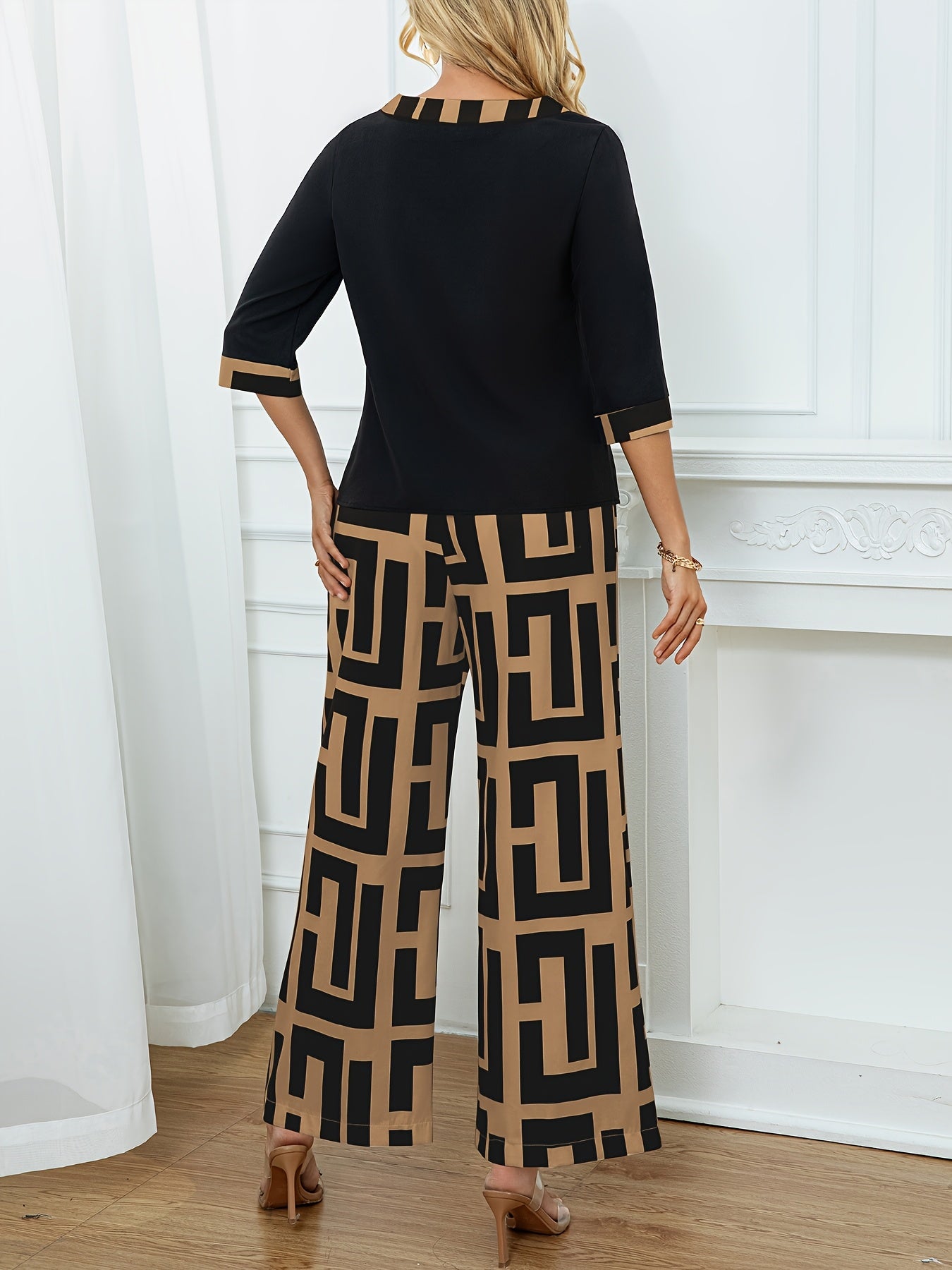 Women'S Elegant Patchwork Round Neck Top + Geometric Print Wide Leg Pants Two Piece Set, Polyester, All-Season, with Fake Drawstring Detail