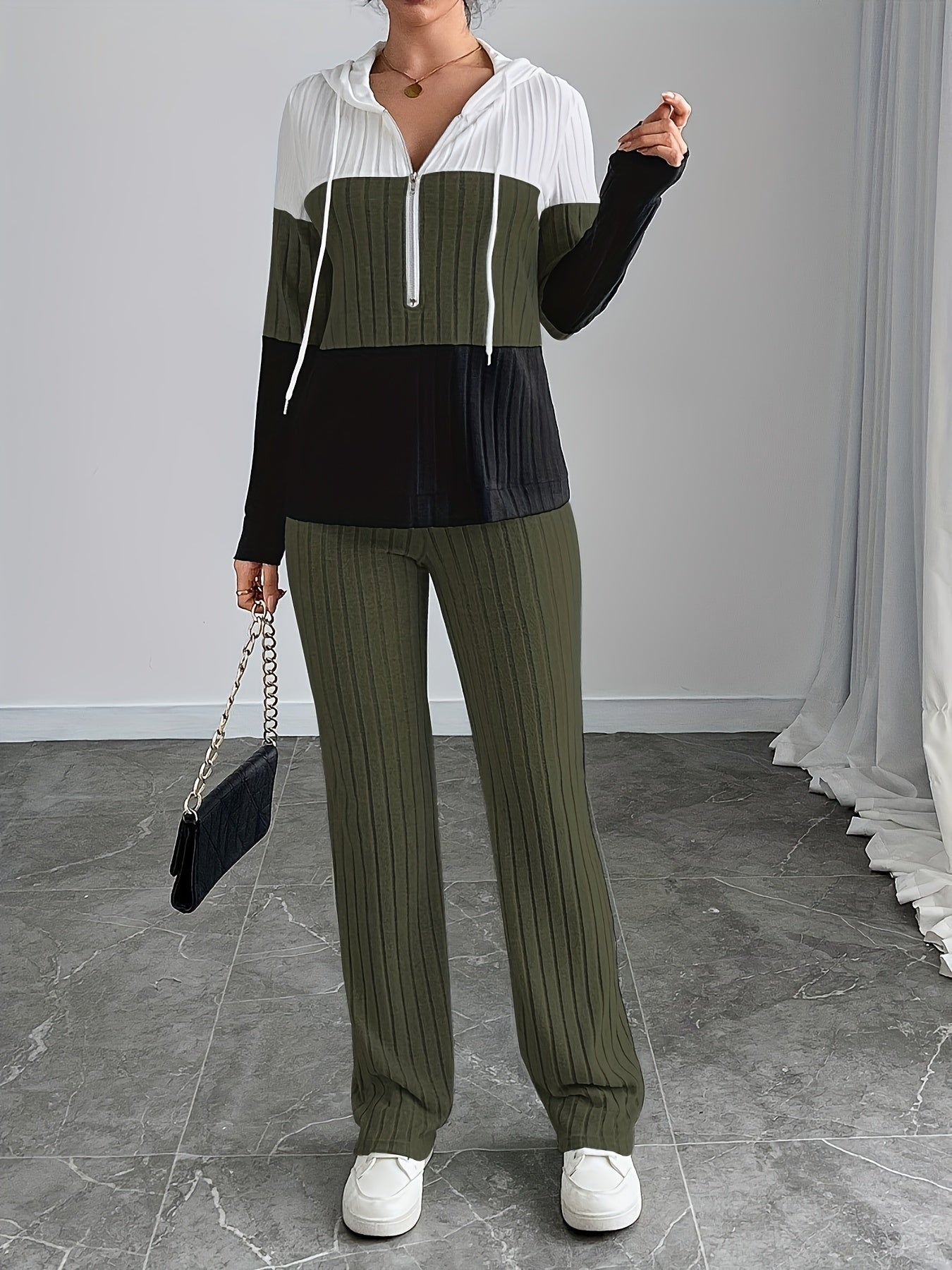 Women'S High-Waisted, Floor-Length Wide-Leg Pants Set with a Stylish And Casual Zip-Up Knit Design.