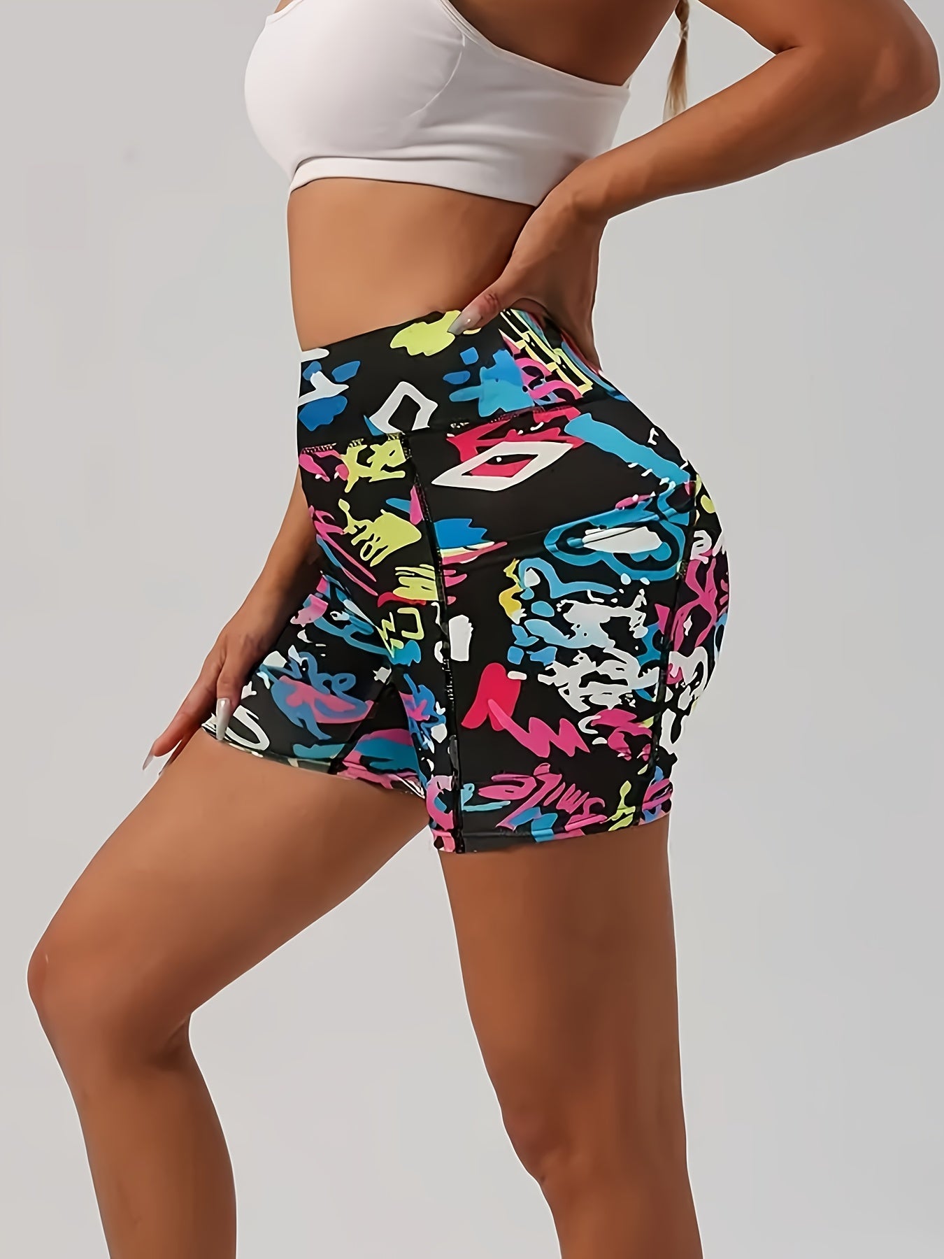 Five Women's Sports Yoga Shorts with Side Pockets and Prints